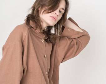 Chemise en lin oversize UPE / Chemise en lin à épaules tombantes / Chemise garde-robe capsule minimaliste / Couleur cacao