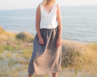 Midi linen skirt Abbie / Soft linen skirt / High waist linen skirt / Skirt with pockets / Basic linen skirt