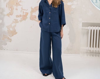 Pantalon large léger en lin Amy / Pantalon palazzo en lin bleu marine / Pantalon large en lin femme / Pantalon d'été en lin