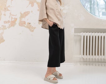 Wide leg lightweight linen culottes DAKOTA / Black linen palazzo trousers  / High Waisted Linen trousers / Summer pants women