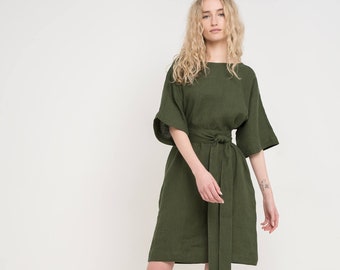 Linen dress ATHENE / Waist tie dress / Midi length linen dress / Feminine dress / Loose fit linen dress