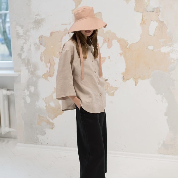 Linen sun hat / Linen hat with straps / Summer panama hat / Wide brim hat