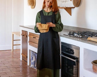 Ready to Ship/ Linen Pinafore Apron / Japanese Cross Back Apron Linen / No Ties Linen Aprons