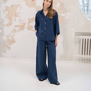 Pantalon large léger en lin Amy / Pantalon palazzo en lin bleu marine / Pantalon large en lin femme / Pantalon d'été en lin image 1