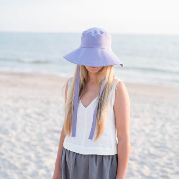 Linen sun hat / Linen hat with straps / Summer panama hat / Linen bucket hat / Wide brim hat