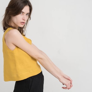 Linen top ANDY / Linen crop tank top / Basic linen top / Sleeveless top / Yellow linen blouse / Minimalist top for women