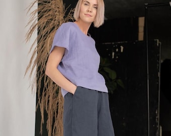 Ready to ship / Minimal linen shorts KAJA / Dark grey linen shorts / Elegant linen shorts with pockets / Summer shorts / High waist shorts