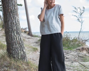 Ready To Ship - Wide leg linen culottes Dakota / Linen palazzo pants / Wide leg linen trousers woman / Linen summer pants