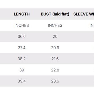 May include: Size chart showing length, bust, and sleeve width measurements in inches for sizes XS, S, M, L, and XL.