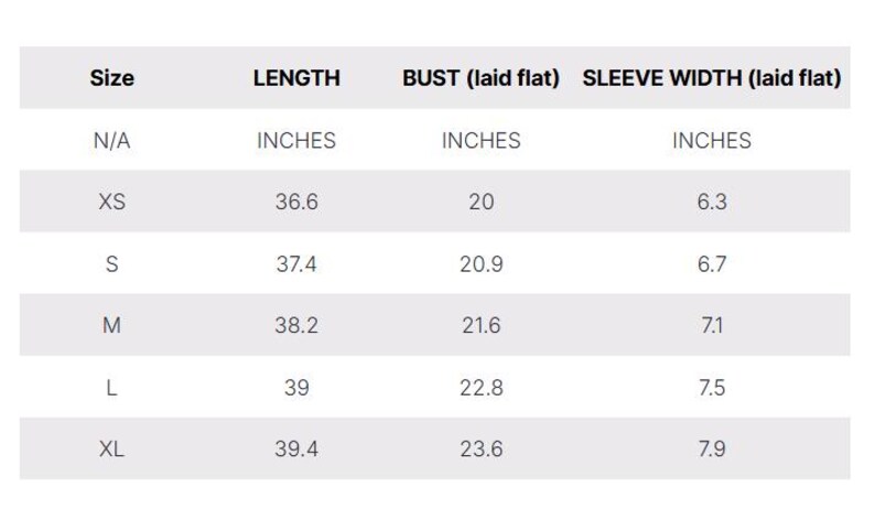 May include: Size chart showing length, bust, and sleeve width measurements in inches for sizes XS, S, M, L, and XL.