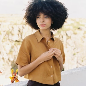 Ready to ship /Crop top linen shirt MONTANA / Relaxed fit linen shirt  / Summer shirt with short sleeves