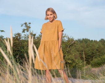 Linen dress MILA / Midi linen dress / Mustard color linen dress / Summer basic linen dress / Washed linen dress for women