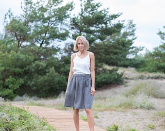 Midi linen skirt MAYA / Platinum gray linen skirt / High waist linen skirt / Skirt with pockets / Women's linen skirt / Summer skirt