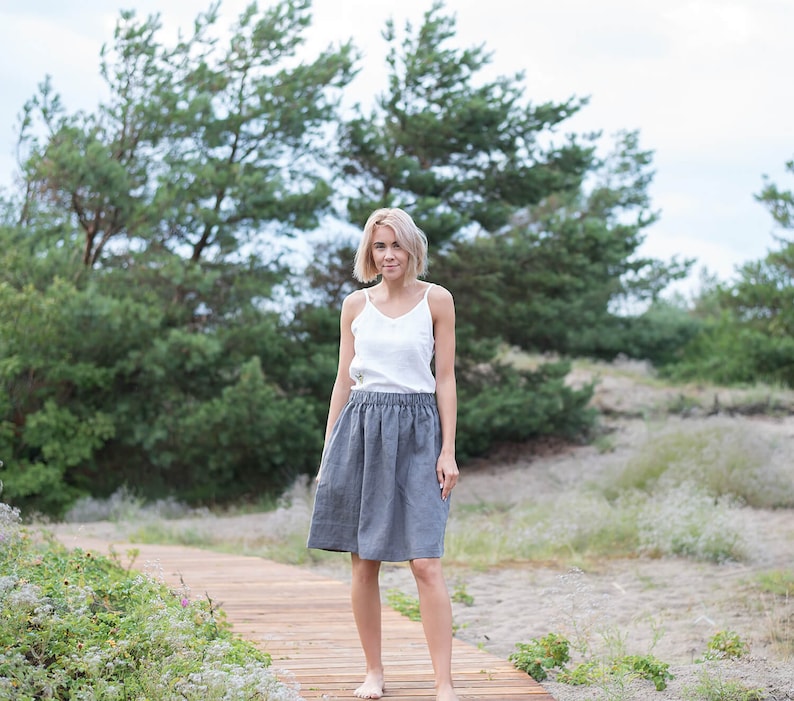 Midi linen skirt MAYA / Platinum gray linen skirt / High waist linen skirt / Skirt with pockets / Women's linen skirt / Summer skirt image 1