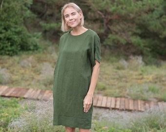 Relaxed fit linen dress LIEPA / Loose linen dress in forest green color  /  midi dress / Casual linen dress / Plus size linen dress