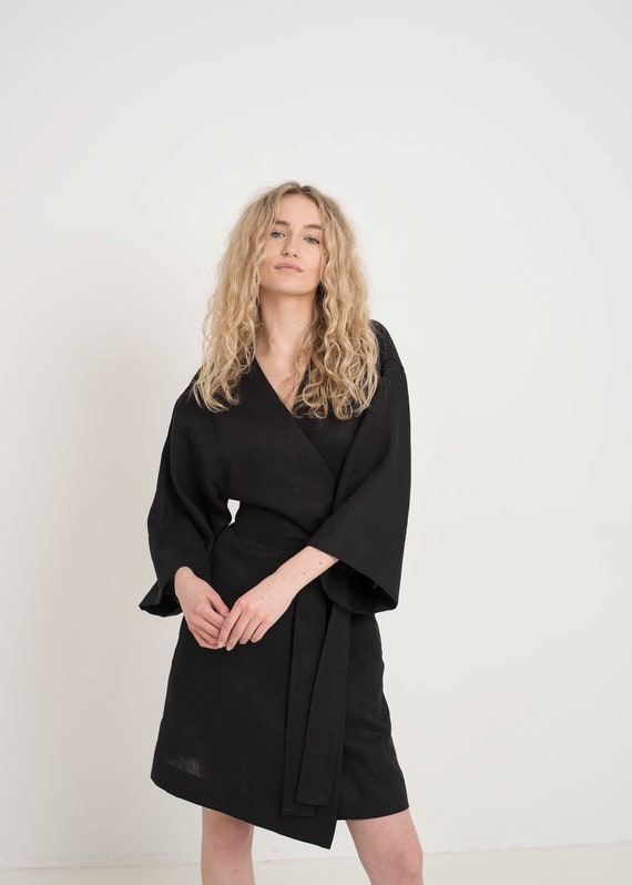Linen Wrap Dress EVA / Black Dress / Kimono Dress / Oversized Linen Dress /  Maternity Linen Dress - Etsy