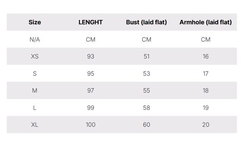 May include: Size chart showing measurements in centimeters for a garment. The chart includes sizes XS, S, M, L, and XL, with measurements for length, bust, and armhole.