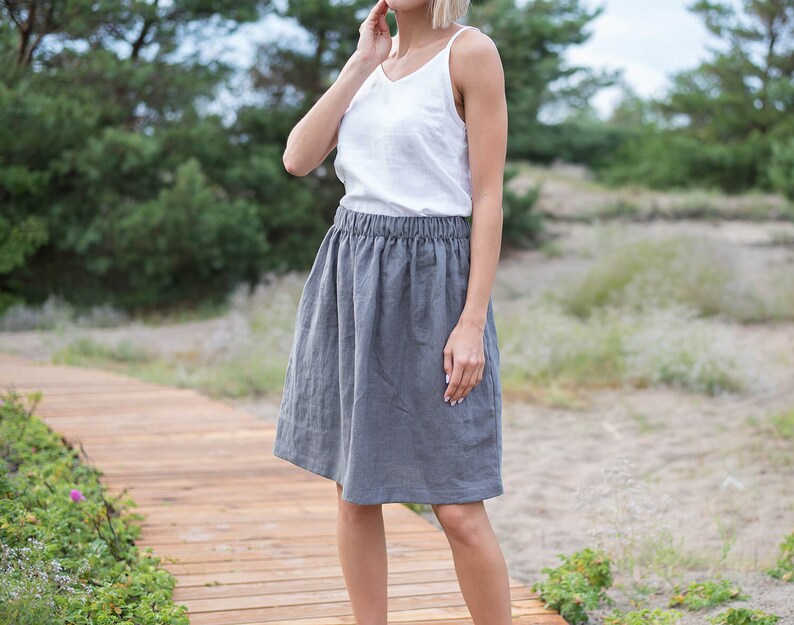 Midi linen skirt MAYA / Platinum gray linen skirt / High waist linen skirt / Skirt with pockets / Women's linen skirt / Summer skirt image 2