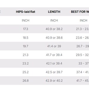May include: A white size chart with black text. The chart includes sizes from XXS to XXL, with corresponding measurements for hips (laid flat) in inches, length in inches, and best waist size in inches. The chart is on a white background.