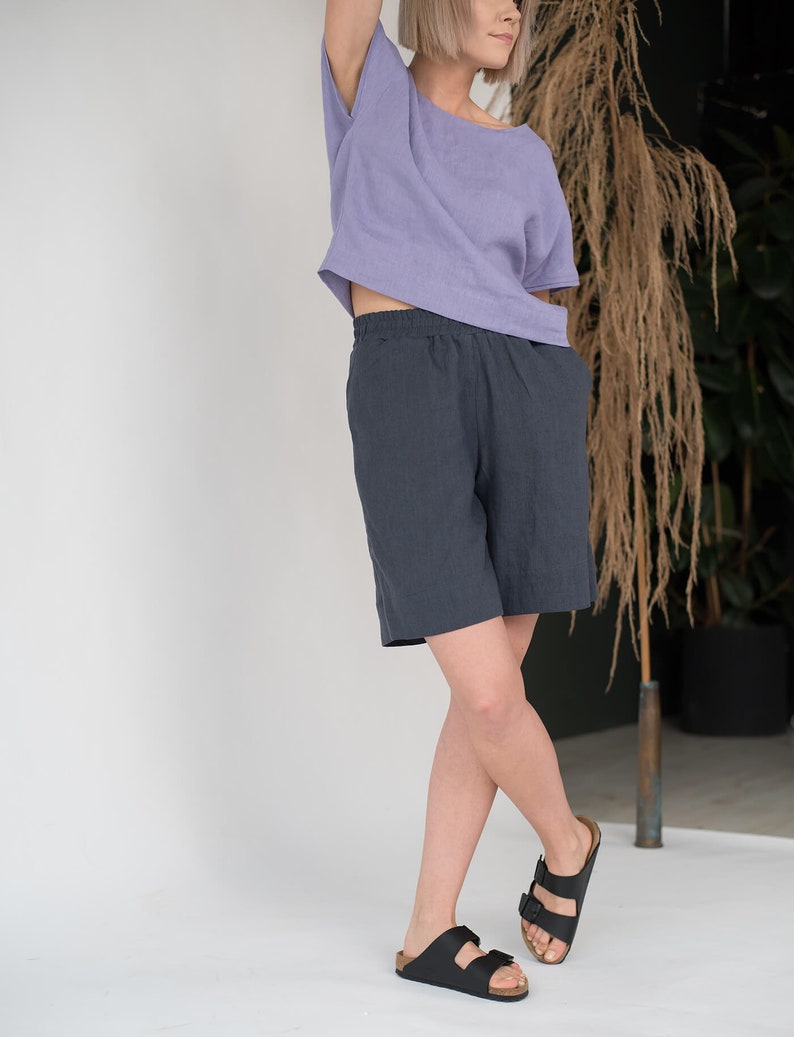 Minimal linen shorts KAJA / Dark grey linen shorts / Elegant linen shorts with pockets / Summer shorts / High waist shorts image 5