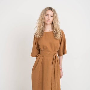 Midi length linen dress ATHENE / Waist tie dress / Summer dress / Elegant linen dress / Loose fit linen dress image 4