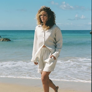 Oversized linen shirt UPE / Natural stripes linen shirt / Drop shoulder shirt / Washed linen shirt / Summer Linen clothing