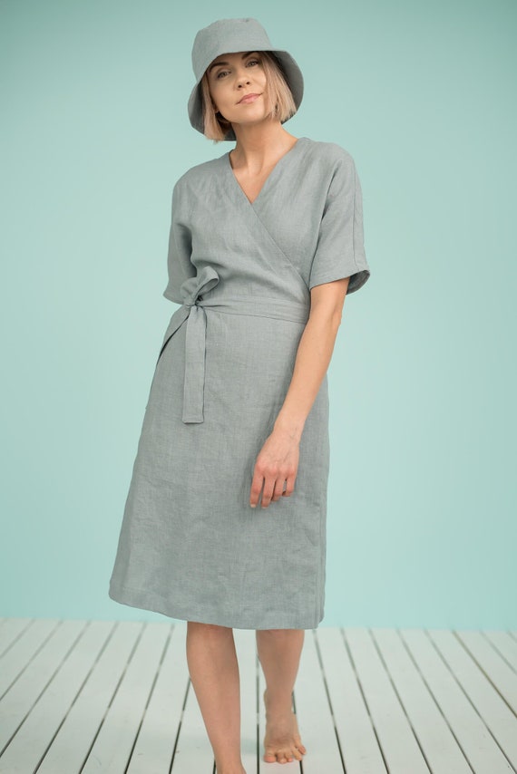 maternity wrap dress Cte Linen Maternity Wrap Midi Dress Tan/White Stripe Medium