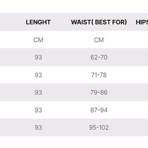 May include: A size chart with measurements in centimeters for clothing. The chart includes sizes N/A, XS, S, M, L, and XL, with corresponding length, waist, and hip measurements. The length is 93 cm for all sizes.