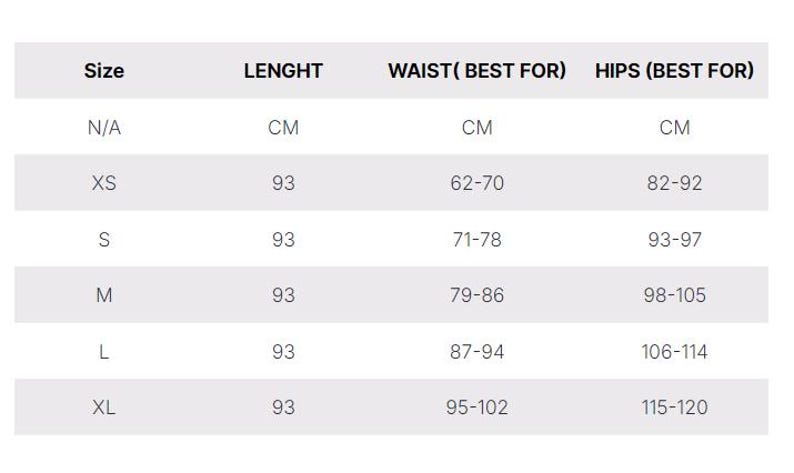 May include: A size chart with measurements in centimeters for clothing. The chart includes sizes N/A, XS, S, M, L, and XL, with corresponding length, waist, and hip measurements. The length is 93 cm for all sizes.