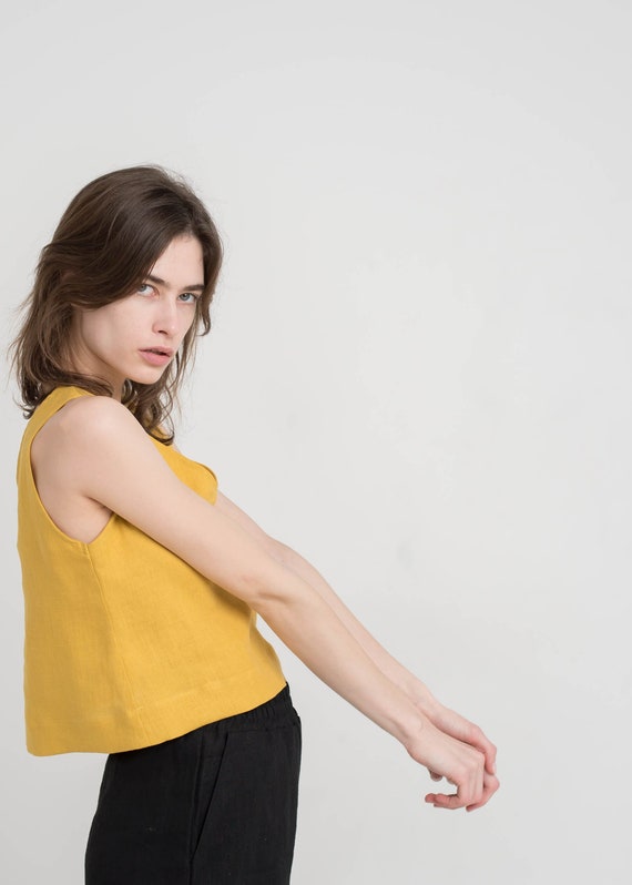 Linen top ANDY / Linen crop tank top / Basic linen top / Sleeveless top / Yellow linen blouse / Minimalist top for women