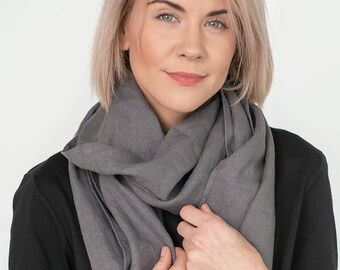 Ready to ship / Softened linen scarf / Gray linen scarf / Men scarf / Scarf for woman / Black scarf / Gift for her