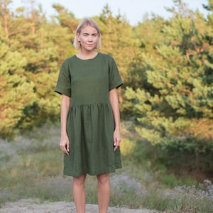 Linen dress MILA / Midi linen dress womens / Forest green linen dress / Summer linen dress / Soft linen dress women / Maternity dress