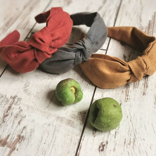 Womens headband / Natural linen bow headband / Boho headband / Linen knot headband with embroidered initials / Gift idea for women