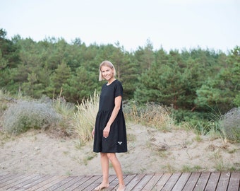 Linen dress MILA / Loose linen black dress / Black casual linen dress / Soft washed linen dress women / Short sleeve dress / Maternity dress