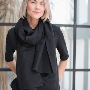 Black linen scarf / Softened linen scarf / Unisex scarf / Scarf for woman / Black scarf / Gift for her