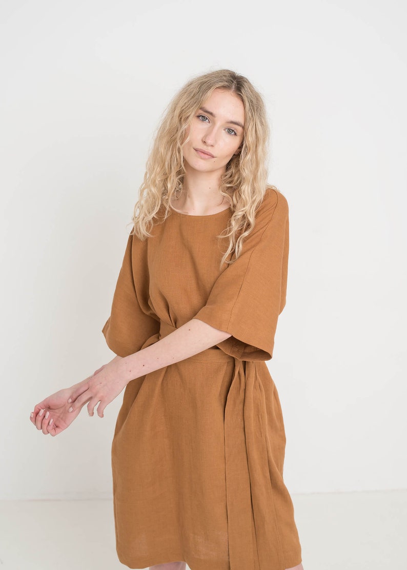 Midi length linen dress ATHENE / Waist tie dress / Summer dress / Elegant linen dress / Loose fit linen dress image 7