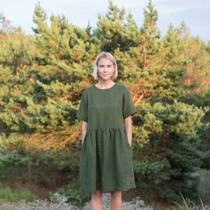 Linen dress MILA / Midi linen dress womens / Forest green linen dress / Summer linen dress / Soft linen dress women / Maternity dress Forest green