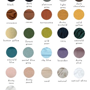 May include: A color chart featuring fabric swatches in various hues, including black, grey, and shades of blue, green, yellow, and pink. Each swatch is labeled with its corresponding color name in a clean, minimalist design.