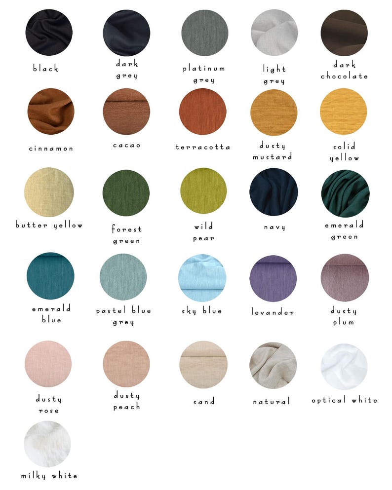 May include: A color chart featuring fabric swatches in various hues, including black, grey, and shades of blue, green, yellow, and pink. Each swatch is labeled with its corresponding color name in a clean, minimalist design.