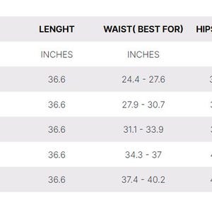 May include: A white table with a size chart for clothing. The chart includes sizes N/A, XS, S, M, L, and XL. Measurements are provided in inches for length, waist, and hips.