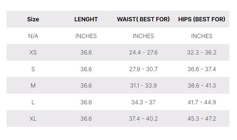 May include: A white table with a size chart for clothing. The chart includes sizes N/A, XS, S, M, L, and XL. Measurements are provided in inches for length, waist, and hips.