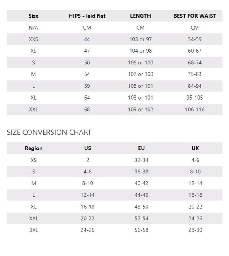 May include: A white chart with black text detailing garment sizing. The chart includes measurements for hips, length, and waist in centimeters. A size conversion chart is also present, showing US, EU, and UK sizes.