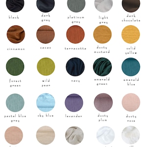 May include: A color chart featuring fabric swatches in various shades. Colors include black, dark grey, platinum grey, light grey, dark chocolate, cinnamon, cacao, terracotta, dusty mustard, and solid yellow.