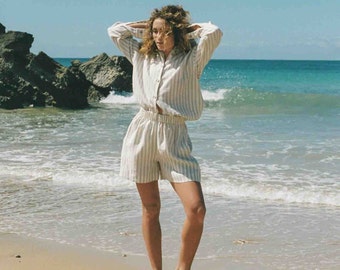 Wide linen shorts BALI / Natural striped linen shorts / High-waisted shorts for women / Summer linen clothing