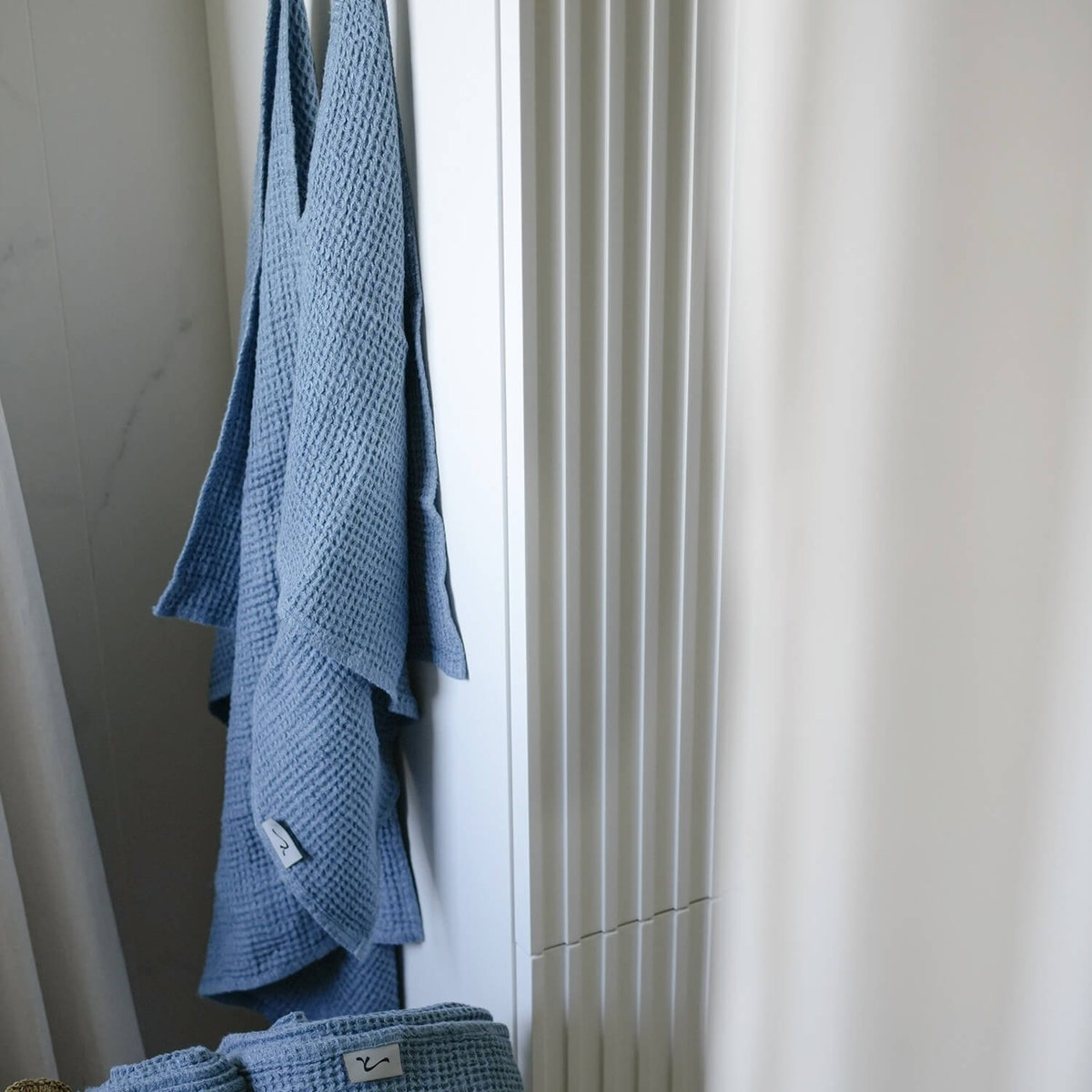Waffle Linen Bath Towels - Color: Stone Blue