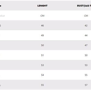 May include: Size chart showing length and bust measurements in centimeters for sizes XXS to XXL.