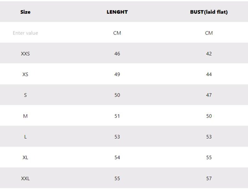 May include: Size chart showing length and bust measurements in centimeters for sizes XXS to XXL.