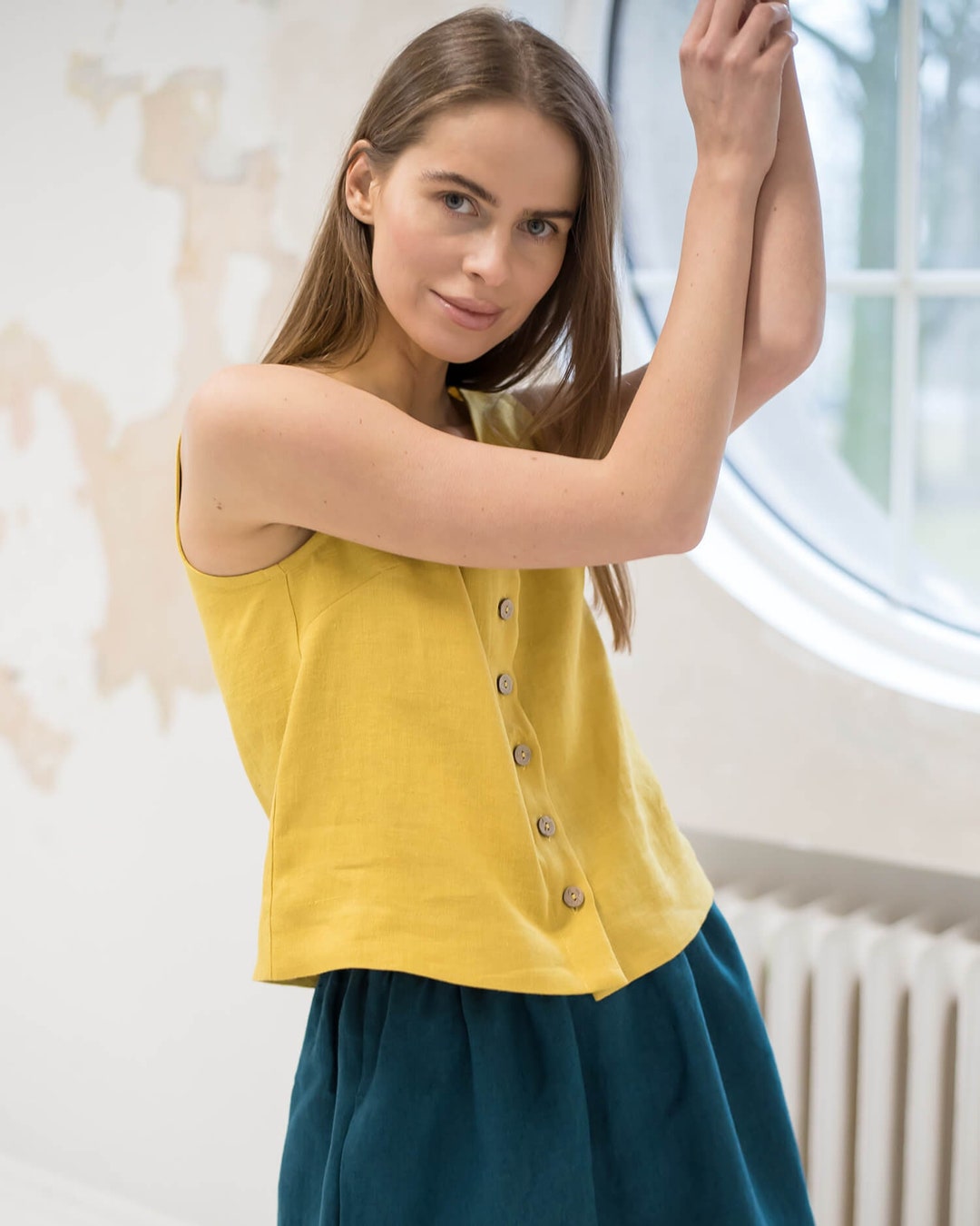 yellow Linen blouse side buttons main image 0