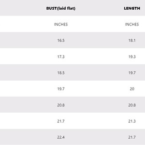 May include: Size chart showing bust and length measurements in inches for sizes XXS to XXL.