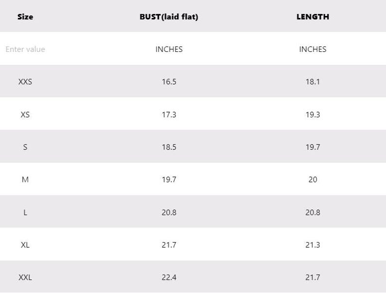 May include: Size chart showing bust and length measurements in inches for sizes XXS to XXL.
